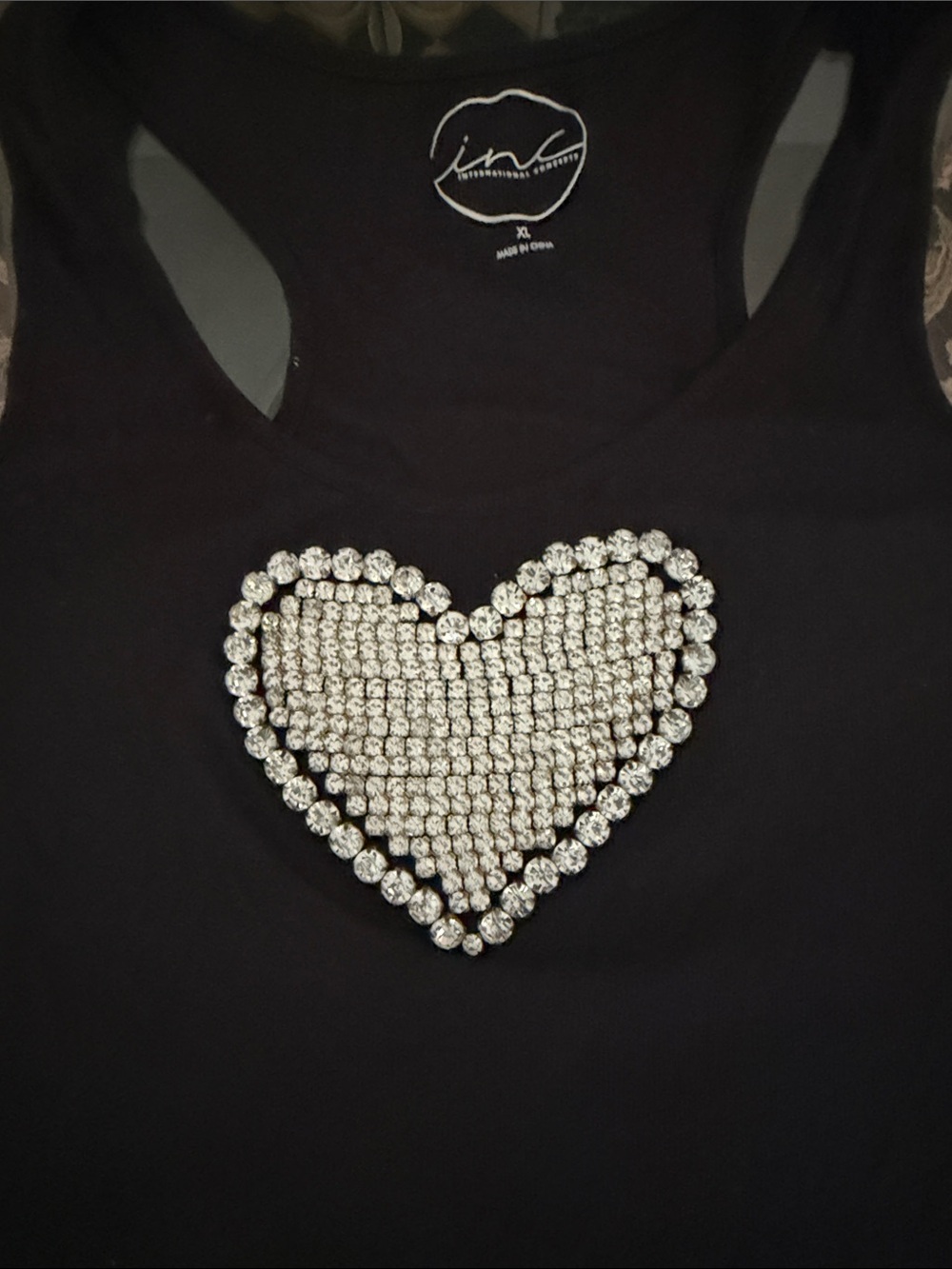 INC International Concepts Black Tank with Embellished Rhinestone Heart - Picture 2 of 4